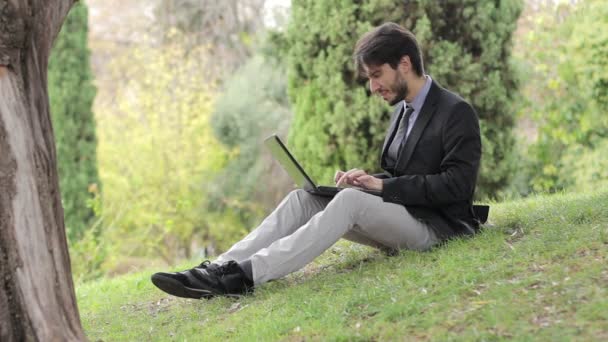 Homme d'affaires utilisant une tablette numérique au parc — Video