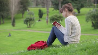 güzel genç kadın bir günlük açık havada parkta yazıyor: