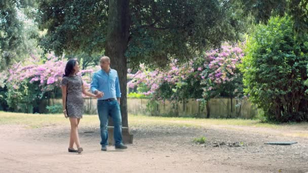 Casal apaixonado andando no parque, beijando e abraçando — Vídeo de Stock