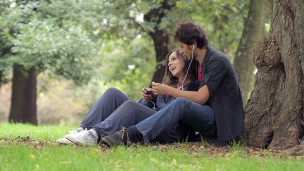 Музыка на пикнике. Молодая любящая пара слушает музыку на пикнике вместе — стоковое видео