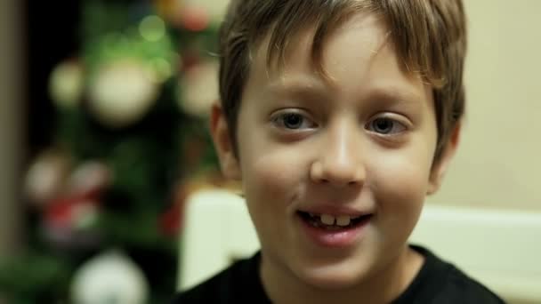 Child smiling and looking at the camera - christmas tree in the background — Stock video