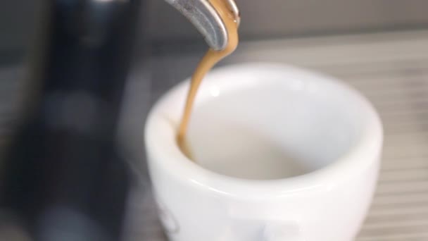 Profesyonel bir makineyle barda kahve espresso yapmak - makro — Stok video