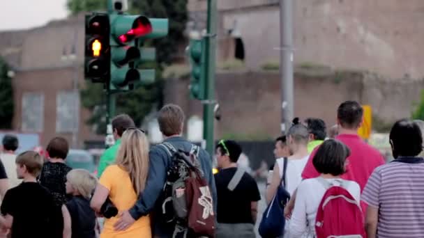 Folla di persone che attraversano la strada su strisce di zebra: centro città, uomini, donna, giorno — Video Stock