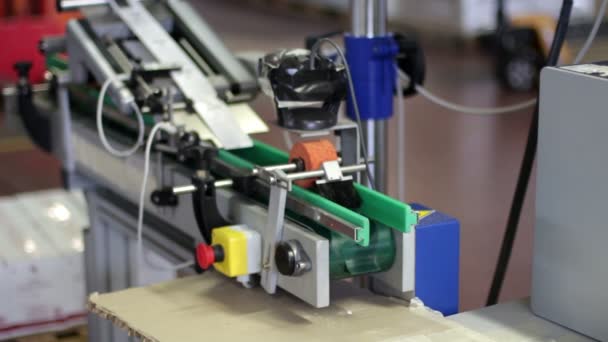 Worker puts tubes of face cream in the machine for label — Stock Video