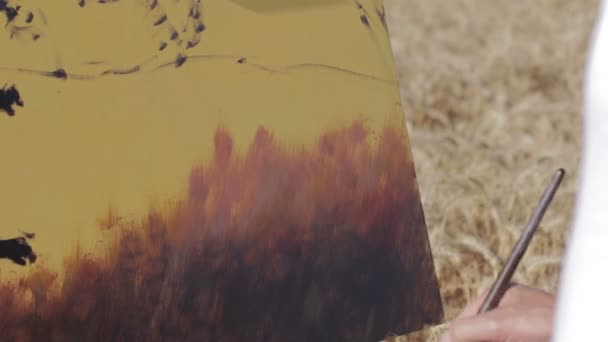 Ζωγράφος στη μέση ενός χωραφιού σιταριού — Αρχείο Βίντεο