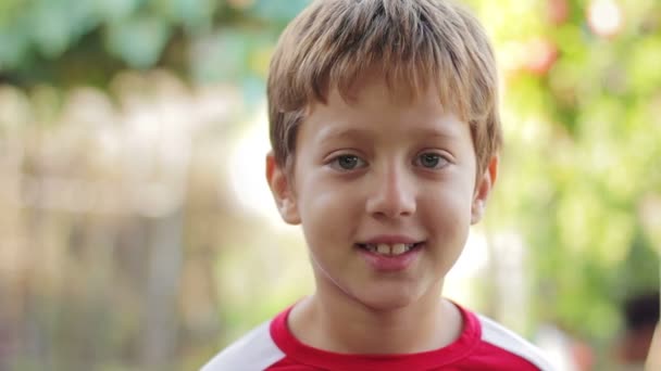 Porträt eines fröhlichen kleinen Jungen, der im Park lächelt — Stockvideo