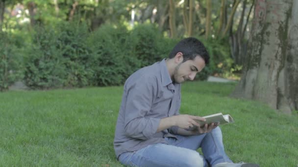 Junge liest im Park ein Buch, wird aber vom Streich eines Freundes unterbrochen — Stockvideo