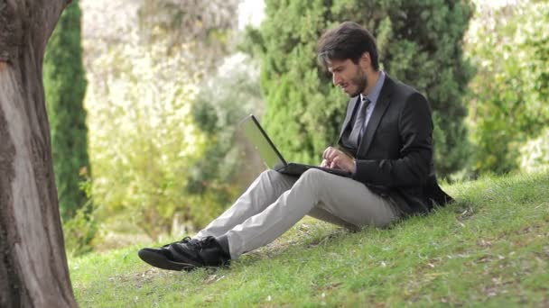 Uomo d'affari in un parco con un dispositivo touch screen — Video Stock