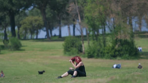 Красивая рыжая женщина сидит на лугу в парке расчесывая волосы, restin — стоковое видео