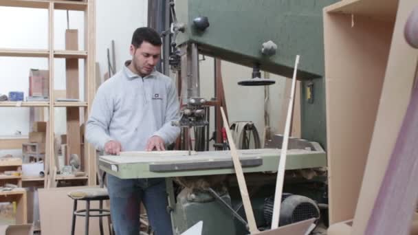 Woodworker sawing wood with a band saw - carpenter infactory- dolly — Αρχείο Βίντεο