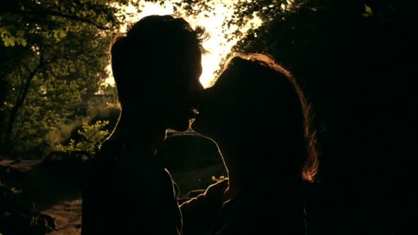 Amantes besándose en silueta con bengala en cámara — Vídeo de stock