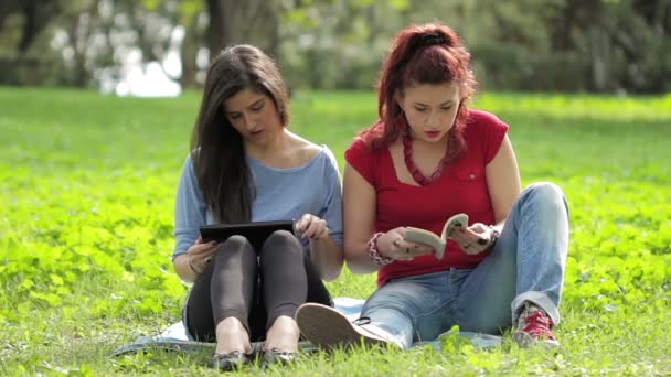 Dos adolescentes sonrientes tomando fotos en un parque — Vídeos de Stock