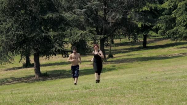 Un homme et une femme faisant du jogging dans le parc — Video