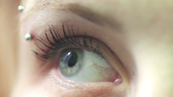 Крупным Планом Открывается Голубой Глаз Молодой Женщины Показывает Глаза Блеском — стоковое видео