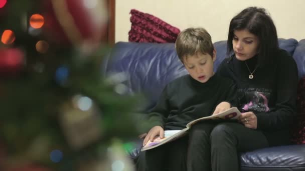 阅读关于圣诞的传奇故事的小儿子和妈妈 — 图库视频影像