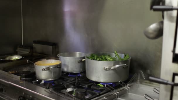 Grote potten zijn het koken van voedsel op het fornuis — Stockvideo