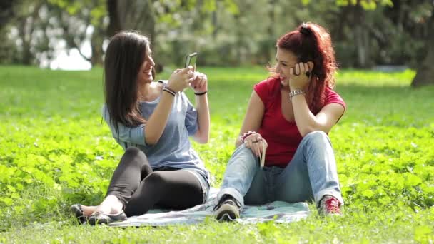 Two happy friends taking photo with tablet pc at park — Stock Video