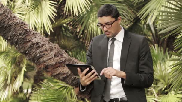 古典的な公園に立っている間デジタル タブレット デバイスを使用してビジネスの男性 — ストック動画