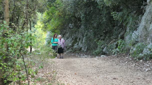 Бабушка и внучка гуляют по парку — стоковое видео