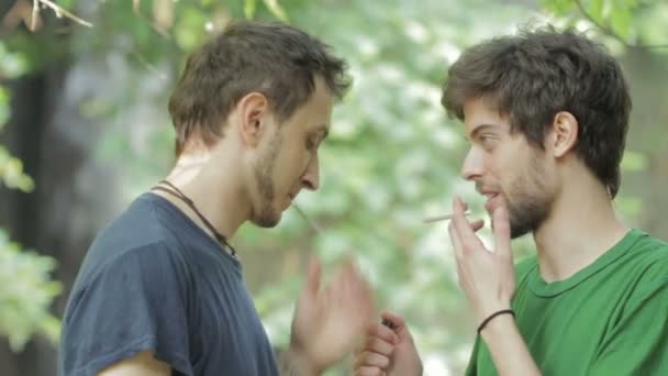 Zwei süße junge Homosexuelle rauchen zusammen eine Zigarette — Stockvideo