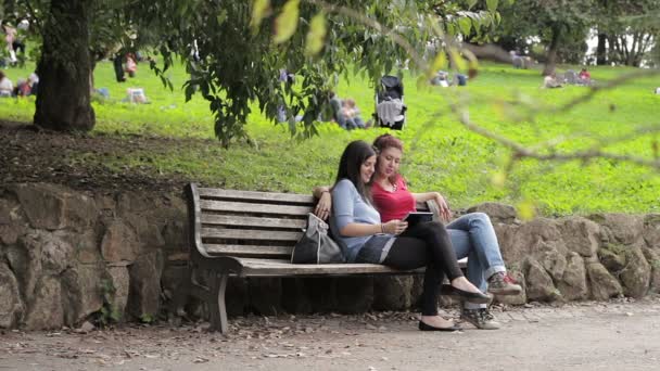 Lesbian. Two happy friends using tablet pc at park — Stock Video