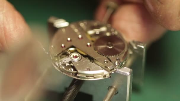 Uhrmacher montiert eine Uhr — Stockvideo