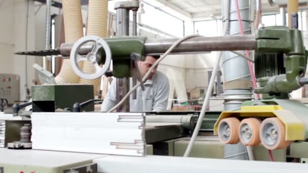 Carpinteiro que trabalha com uma plaina industrial - em uma carpintaria - dolly — Vídeo de Stock