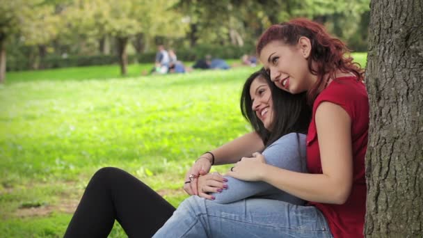 Två vackra sexiga lesbiska kvinnor vilar på ett träd — Stockvideo
