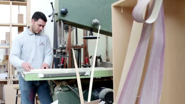 Schrijnwerker in een fabriek - timmerman in een houtbewerking - schrijnwerkerij - dolly — Stockvideo