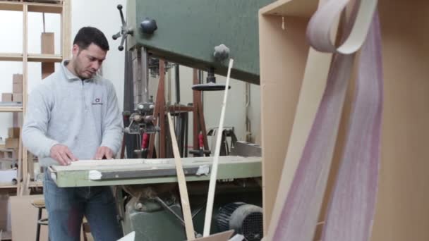 Marceneiro serrar madeira com uma serra de fita - carpinteiro em carpintaria - boneca — Vídeo de Stock