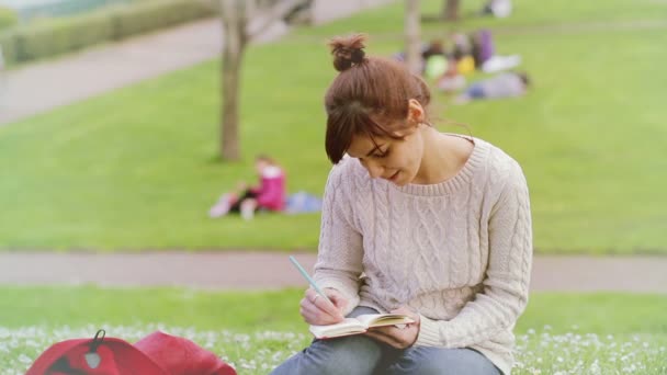Όμορφη νεαρή γυναίκα γράφει ένα ημερολόγιο σε εξωτερικούς χώρους στο πάρκο: ευτυχισμένος — Αρχείο Βίντεο