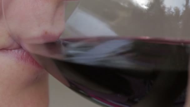 Frau nippt an Rotwein — Stockvideo