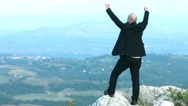 Jubelnder Geschäftsmann auf dem Gipfel eines Berges: den Erfolg erreichen — Stockvideo