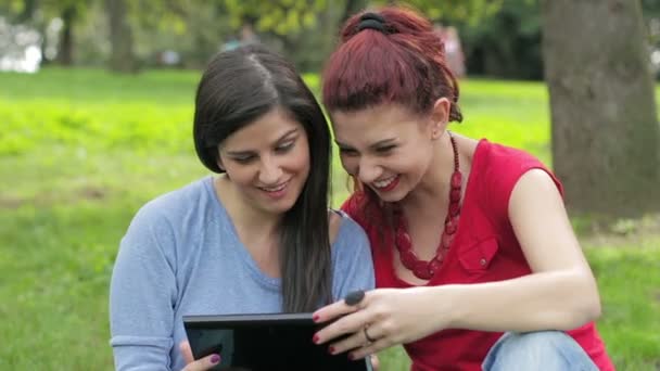 Две подруги, сидящие вместе на зеленой траве с помощью планшетного компьютера — стоковое видео