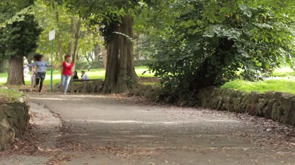 Дві молоді жінки тримаються за руки і бігають в парку посміхаючись і сміючись — стокове відео