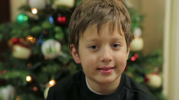 Portret van kind glimlachend in de camera - kerstboom op de achtergrond — Stockvideo