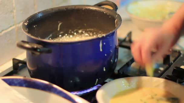 Especialista cozinheiro fritar pão e legumes — Vídeo de Stock