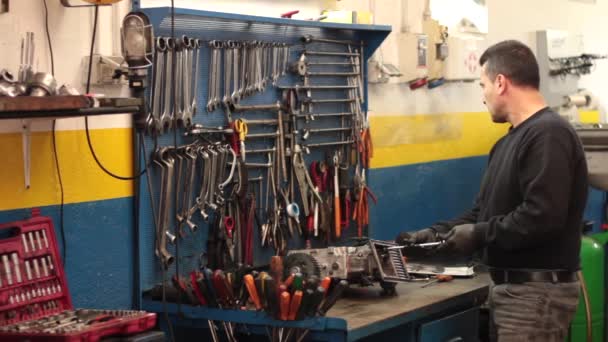 Automechaniker repariert einen Teil eines Automotors — Stockvideo