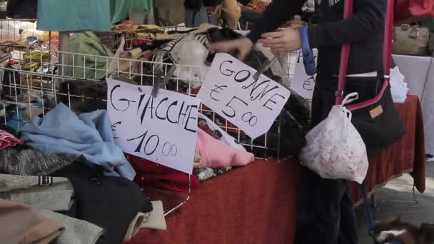 La gente compra ropa en un mercado callejero — Vídeo de stock