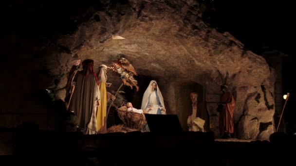 耶稣诞生和在圣伯多禄大教堂前的圣诞树 — 图库视频影像
