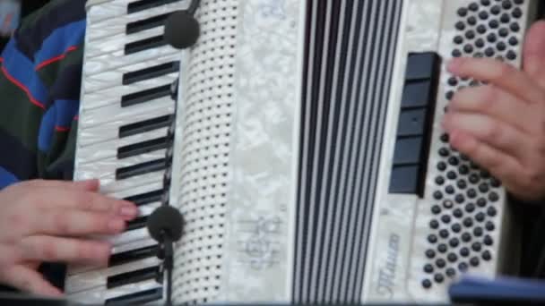 Músico toca el acordeón en el centro de la ciudad — Vídeos de Stock