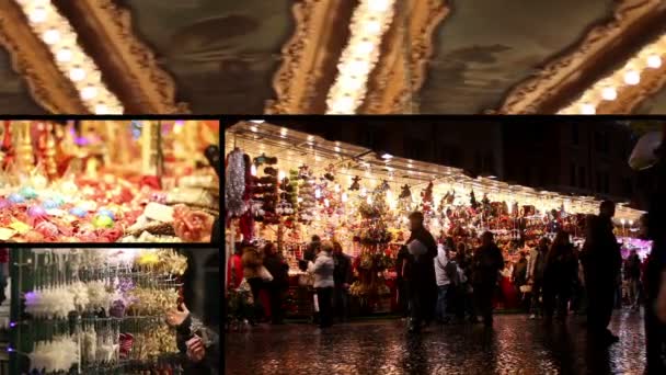 クリスマスボールと市場で販売されているツリーの装飾 — ストック動画