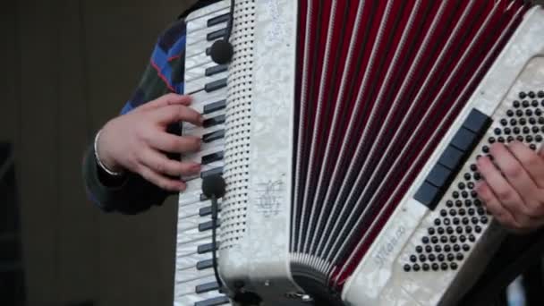 Zenész játssza a harmonika, a város központjában — Stock videók