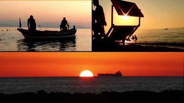 Samenstelling van mensen in de zee bij zonsondergang — Stockvideo