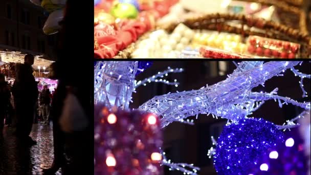 Різдвяні кульки та дерев'яні прикраси, продані на ринку — стокове відео
