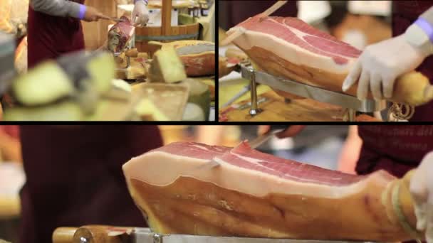 Expert matleverantör skivning skinka — Stockvideo