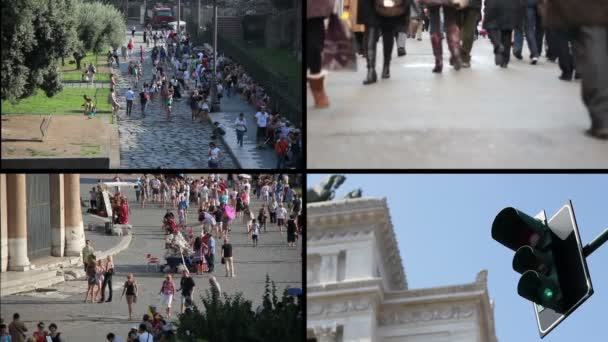 People walking in the street, Piazza Venezia and Trafficlights - multiscreen — Αρχείο Βίντεο