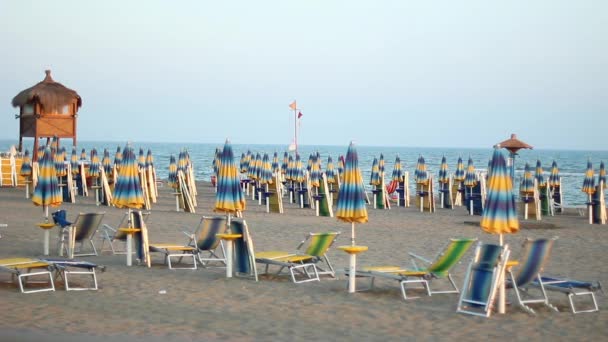 空旷的海滩日光浴浴床与遮阳伞 — 图库视频影像