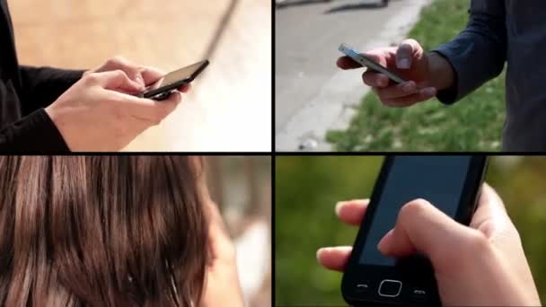 Mãos segurando telefone inteligente - multiscreen — Vídeo de Stock