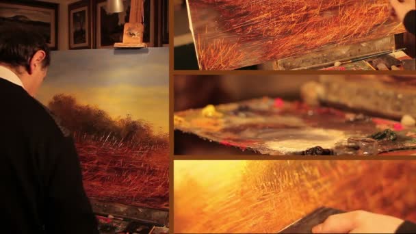 Pintor pinta um quadro de uma paisagem — Vídeo de Stock